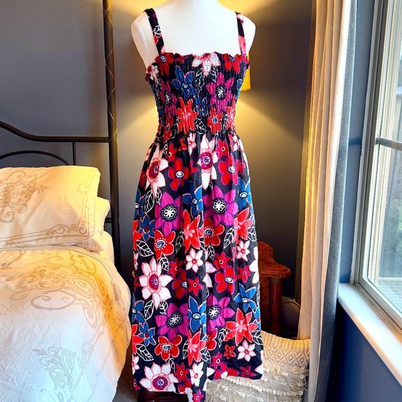 NWT Black w Retro Red Pink Floral Print Beach Cover Up Dress - Picture 1 of 6